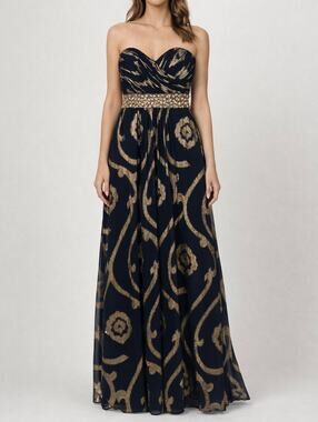 Betsy & Adam Strapless Maxi Dress Beaded Rhinestone Sweetheart Formal Gown Blue
